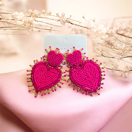 Hot Pink Beaded Heart Earrings