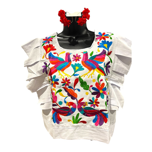 Colorful Embroidered Bird and Flower Blouse with Ruffled Sleeves